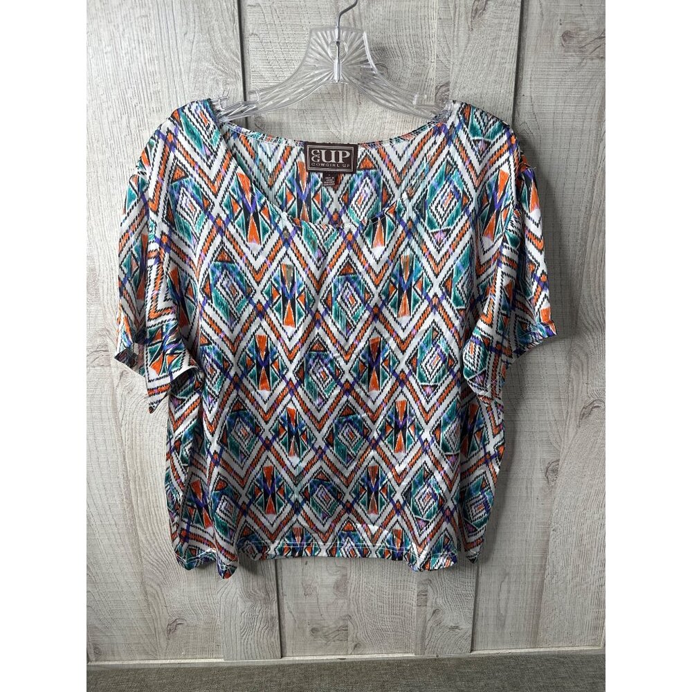 Cowgirl Up Womens Colorful Southwestern Aztec Print Blouse Large Blue Orange